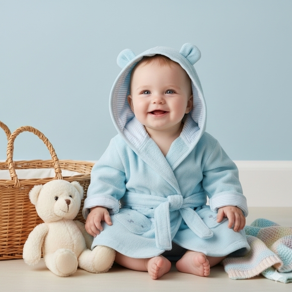 Carter's Baby Animal Terry Cloth Bath Robe Light Blue Striped Lining 0-9 months - Picture 2 of 10